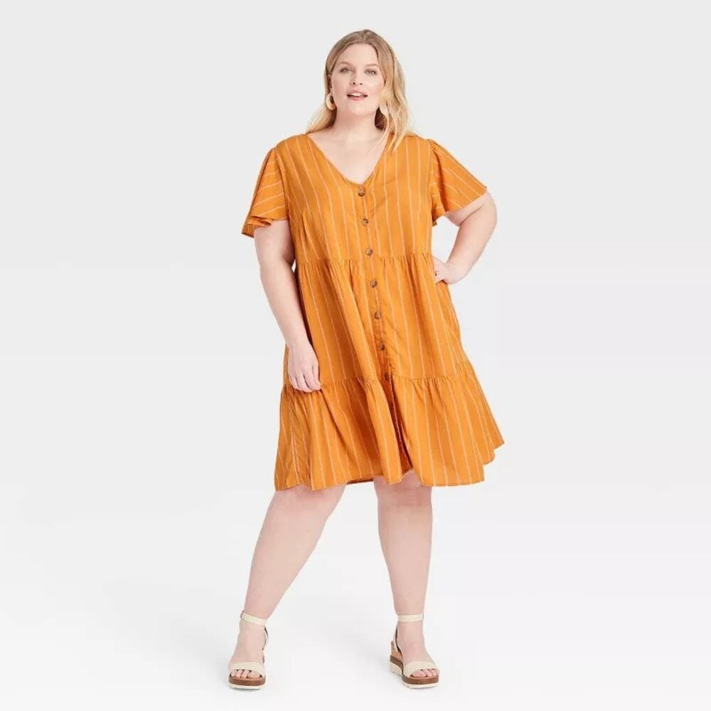 Ava & Viv Shirt Dress Yellow Striped Button Front Tiered Short Sleeve Sz X